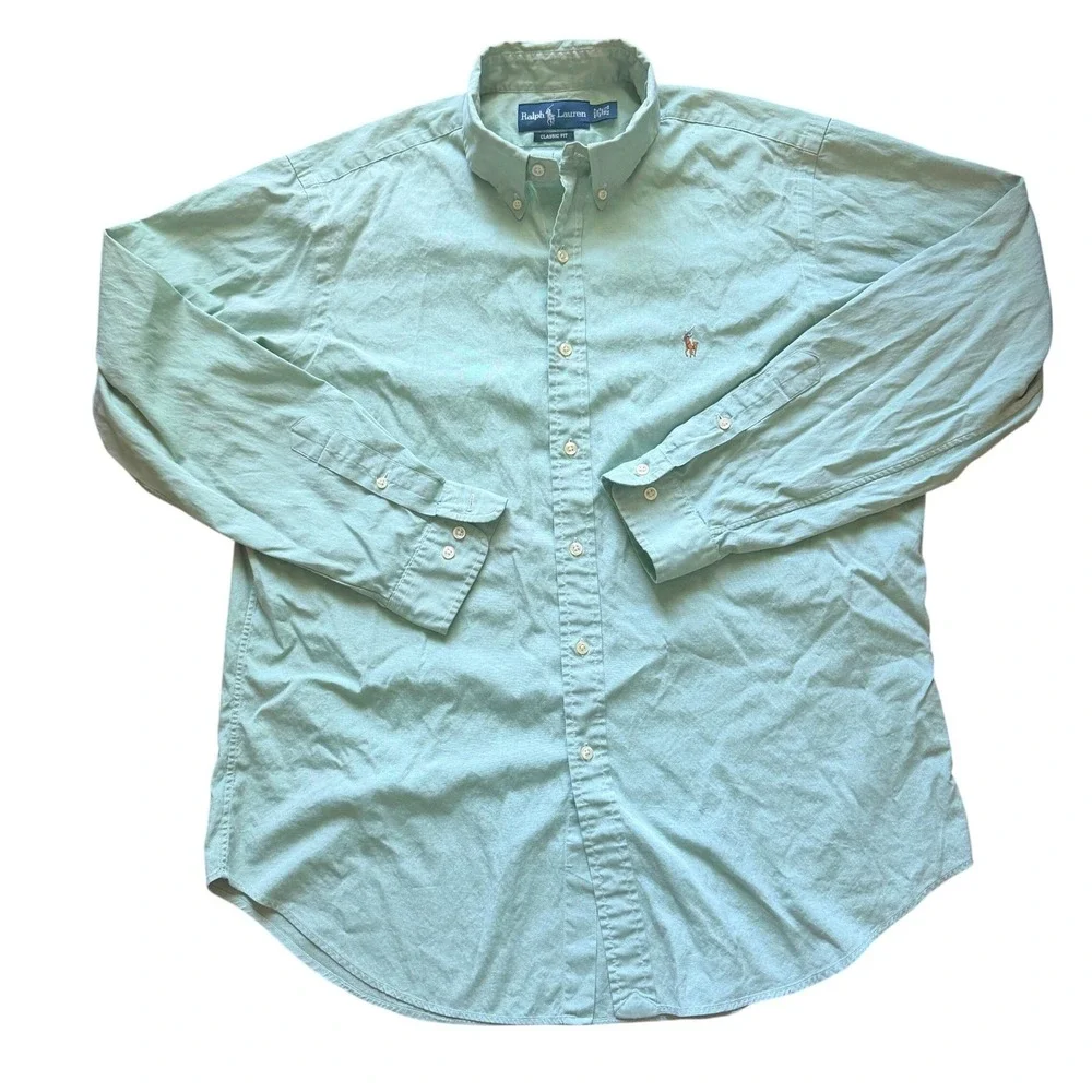 Ralph Lauren Button Down Men 16.5 34/35 Green Preppy Classic Fit Flesh Pony